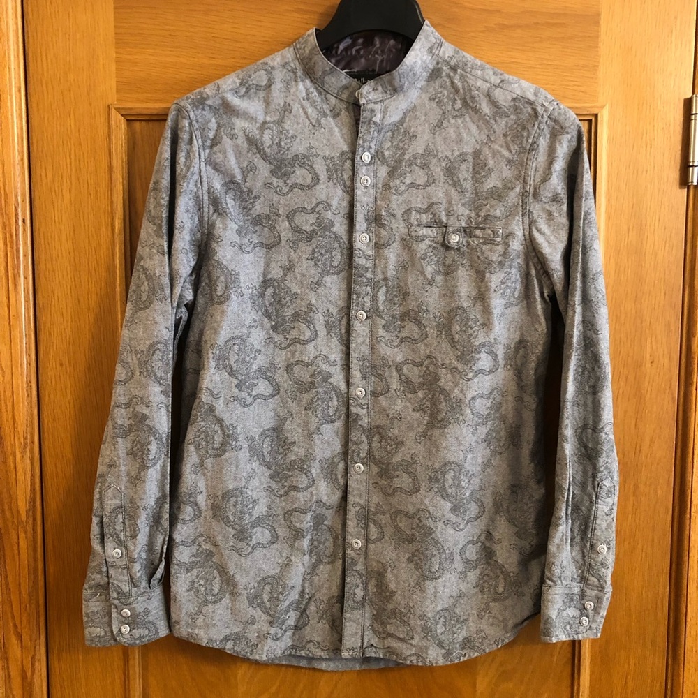 Rock Roll-N-Soul Dragon Print Band Collar Long Sleeve Button Front Shirt Size M